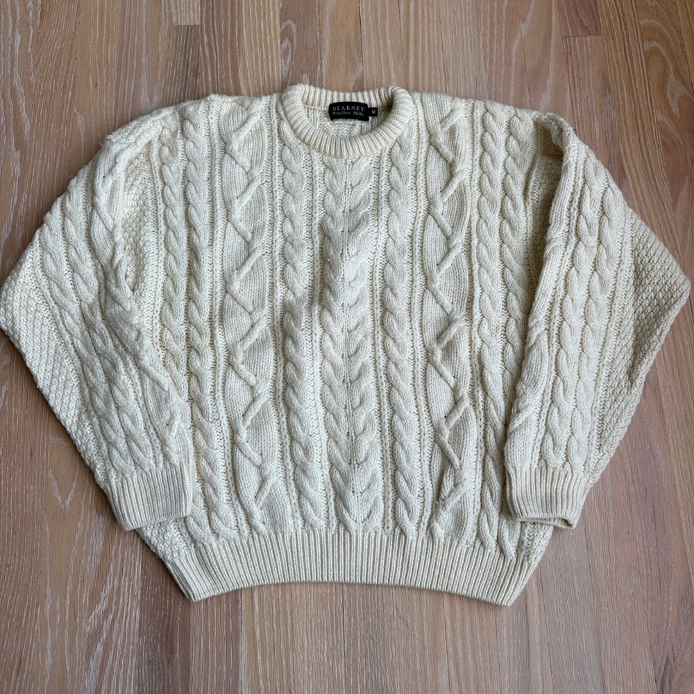 Blarney Woollen Mills Irish Cable Knit Wool Fisherman Sweater Crew Coastal M